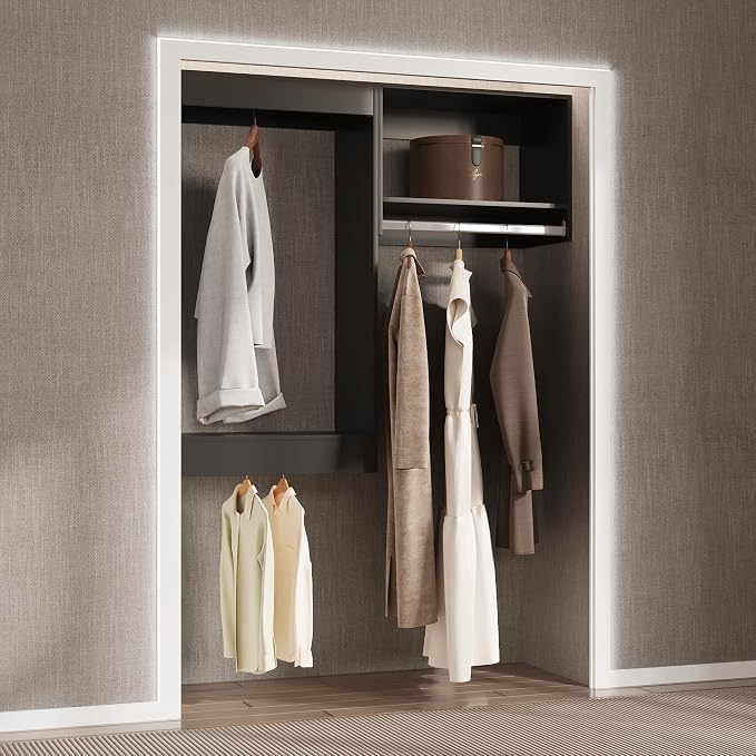 Modular Closet Organizer, 70" Wide with Hanging, Wood Tower Storage for Walk In Closets, Wall Mounted Wardrobe Organizer Kit, Bedroom, Black