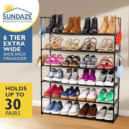 Sundaze Shoe Rack - 6 Tier Metal Shoe Rack for Front Door Entrance, Sturdy Tall Shoe Organizer for Closet, Bedroom, Entryway, Garage, Black Metal Shoe Shelf, Holds Up to 30 Pairs