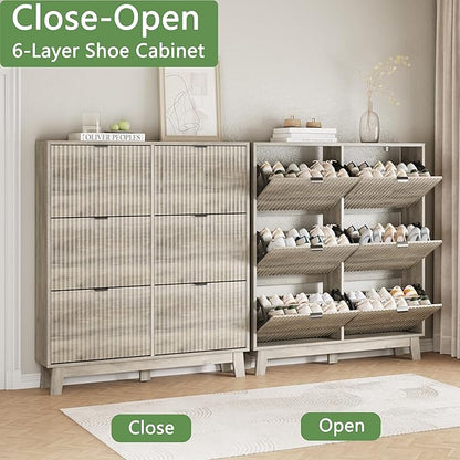 Xixini Shoe Cabinet with 6 Flip Drawers, 54" Tall Narrow Fluted Shoe Storage Organizer for Entryway, Hidden Slim Wooden Shoe Rack Cabinet for Front Door Entrance, Hallway, Living Room, Light Grey