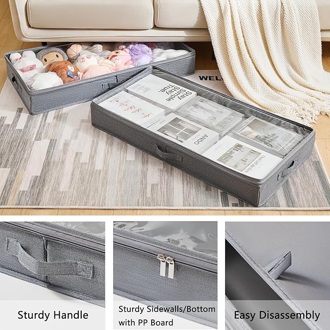 Berdeng 3 Pack Under Bed Storage Containers, Low Profile Underbed Shoes and Clothes Storage Organizer with Sturdy Sidewalls/Bottom, Large Dorm Storage Bins,33 * 17 * 4.5 inches,45L