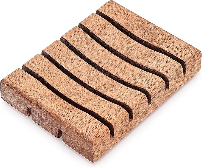 Acacia Wooden Soap Dish with Self Draining, Funny and Modern Multi Shape Design, Soap Holder for Sink Countertop, Shower & Bathroom Soap Tray。 (Slat-4.72"x3.47"x0.86")