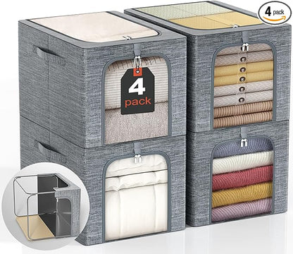 GoMaihe Clothes Storage Bins with Metal Frame, 4-Pack Closet Storage Bins with Lid & Clear Window, Sweater Boxes Organizer for Closet, Clothing Storage, Cationic Fabric 40L