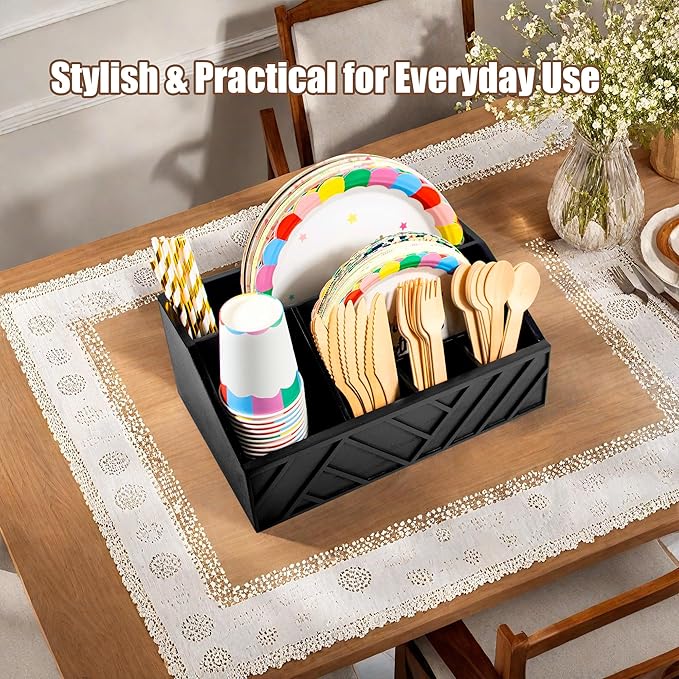 Paper Plate Dispenser with 6 Compartments – Wooden Utensil & Silverware Caddy Holder for Party, BBQ, Camping – Disposable Cutlery Organizer for Kitchen Countertop or Buffet Station, Black