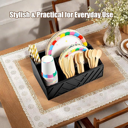 Paper Plate Dispenser with 6 Compartments – Wooden Utensil & Silverware Caddy Holder for Party, BBQ, Camping – Disposable Cutlery Organizer for Kitchen Countertop or Buffet Station, Black