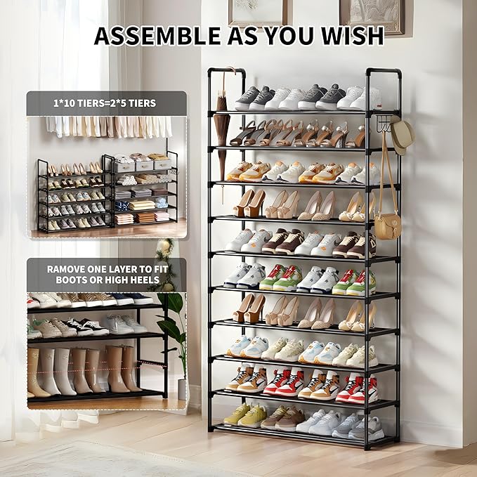 Shoe Rack, 10 Tier Shoe Storage Organizer with Hooks,Fit 40-45 Pairs Shoes,Metal Tall Shoe Shelf for Closet Entryway, Space Saving Tower for Living Room Hallway