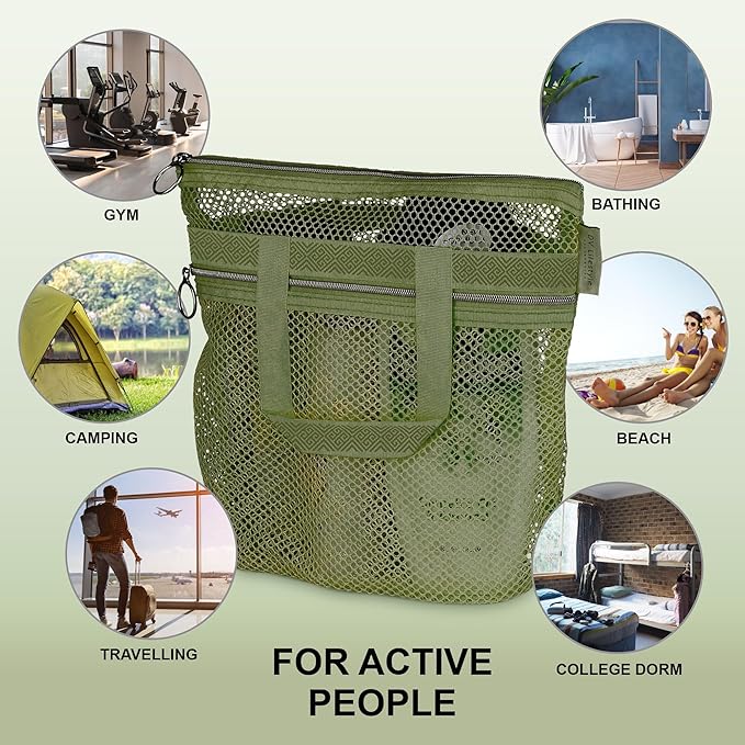 DV Lifestyle Mesh Shower Bag 10.2x9.9'' Quick-Dry Caddy with Zipper & 2 Pockets. Portable Toiletry Tote for Bathroom, Gym, Travel, Camp, Beach, for Sunscreen, Dorm & College Essentials (Olive Green)