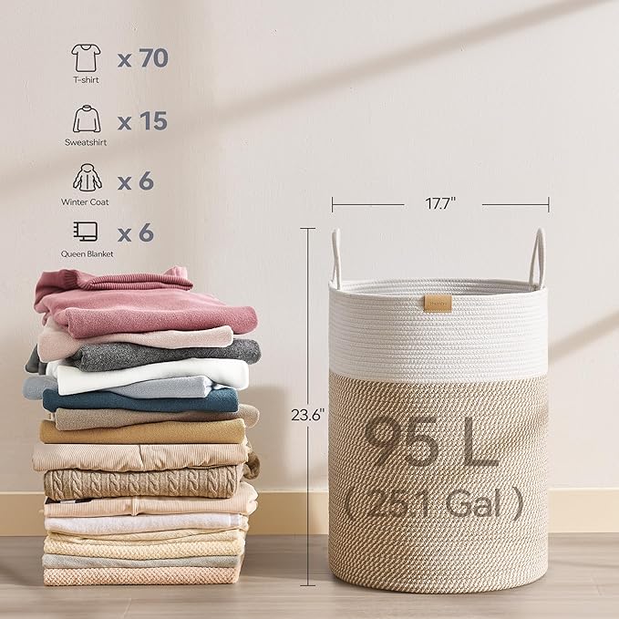Nunsino Laundry Hamper 95L,Large Laundry Basket for Clothes,Decorative Storage Basket for Blankets,Cotton Rope Woven basket for bedroom,Brown White