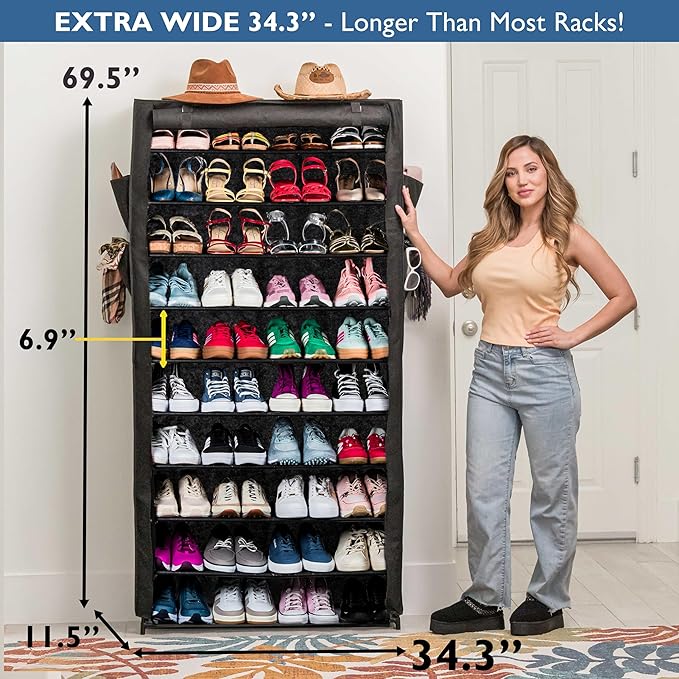 Sundaze Shoe Rack with Cover - 10 Tier Shoe Rack for Front Door Entrance, Sturdy Tall Shoe Organizer for Bedroom, Closet, Garage, Non Woven Fabric Shelf, Black, Holds Up to 50 Pairs