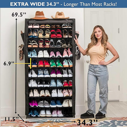 Sundaze Shoe Rack with Cover - 10 Tier Shoe Rack for Front Door Entrance, Sturdy Tall Shoe Organizer for Bedroom, Closet, Garage, Non Woven Fabric Shelf, Black, Holds Up to 50 Pairs