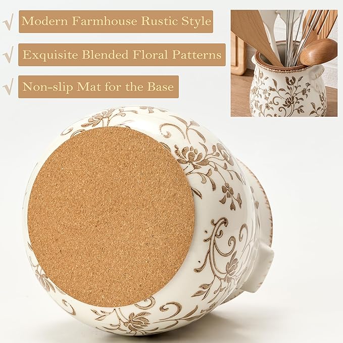 Utensil Holder for Kitchen Counter, Modern Farmhouse Rustic Cooking Utensil Holder and Crock, Exquisite Chinoiserie Floral Ceramic Utensil Organizer for Home Kitchen Decor- Brown Flower Patterns