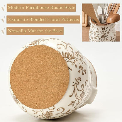 Utensil Holder for Kitchen Counter, Modern Farmhouse Rustic Cooking Utensil Holder and Crock, Exquisite Chinoiserie Floral Ceramic Utensil Organizer for Home Kitchen Decor- Brown Flower Patterns