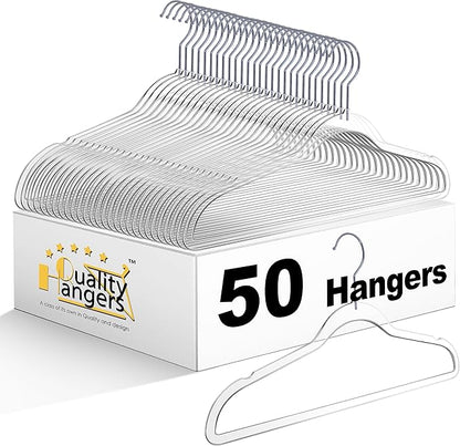 Quality Hangers Clear Plastic Hangers for Clothes | 50 Pack - 17.5 Inch | Heavy Duty Hangers Space Saving Crystal Acrylic | 360 Degree Swivel Hook and Notches (Clear, 50)
