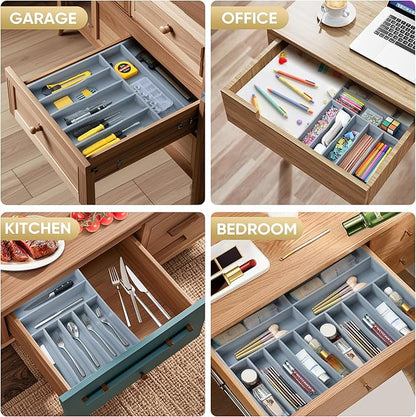 Silverware Organizer, 12.5 Inch Utensil Organizer Kitchen Drawer Organizer Bamboo Silverware Holder Cutlery Tray Organizer in Drawer Flatware Organizer Tray(7 slots, Gray