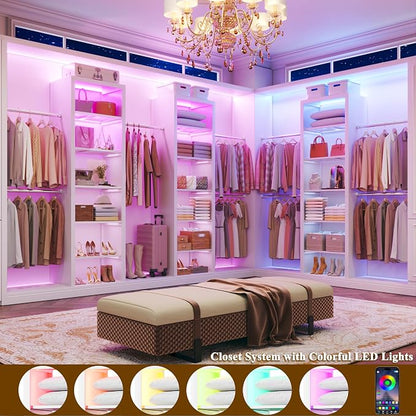 100'' Closet System with 4 Hanging Rods & LED Lights, 2-8 FT Wood Closet Organizer Systems with 5 Shelves, 6 Height Adjustable, Walk-in Closet Organizer Wardrobe Clothes Rack, Garment Rack, White