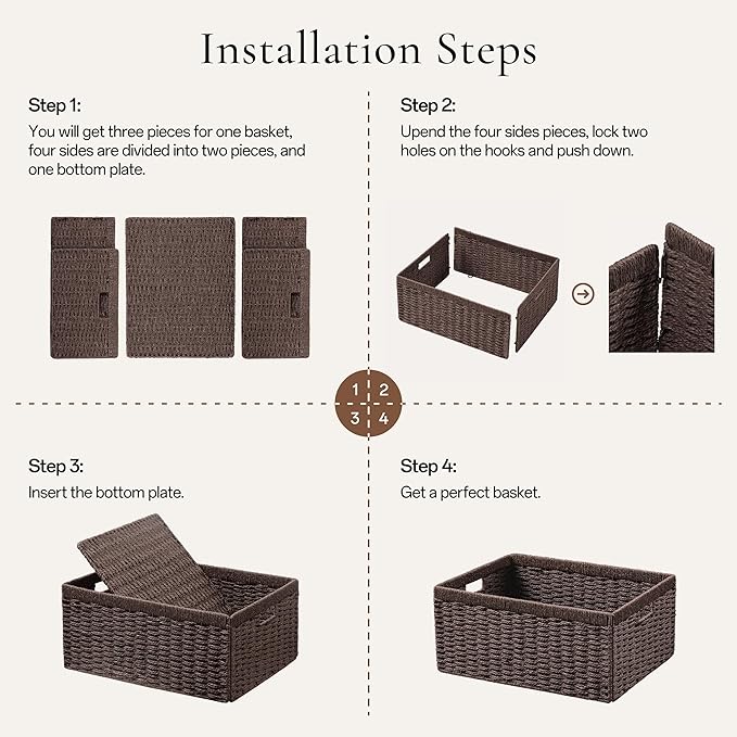 joybest Dark Brown Wicker Baskets for Shelves, 13.4L x 8.3W x 7.1H inch Hand-woven Storage Baskets for Pantry Organizing, Foldable Rectangular Bin with Handles, 4-pack