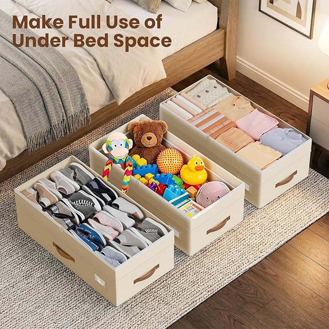 Budding Joy Under Bed Storage with Wheels 2Pack, 80L Height Adjustable Underbed Containers with Clear Lids, Rolling Under Bed Shoe Storage Organizer for Dorm Home Clothes, Blankets, Toys, Beige