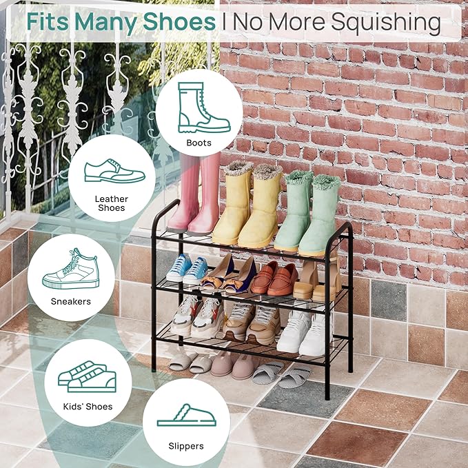 viewcare Shoe Rack for Closet, 3-Tier Small Shoe Rack for Entryway & Garage, Sturdy Metal Construction, Shoe Organizer Holds 6-9 Pairs