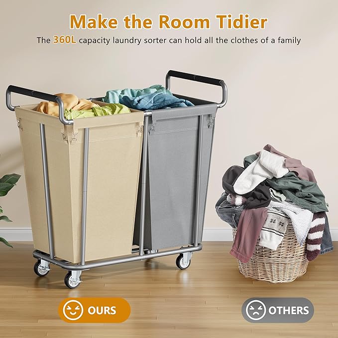 Gewudraw Large laundry hamper with Wheels, 2 Bag 360L Big Rolling Laundry Basket Sorter Cart, Extra Large Laundry Clothes Hamper, Heavy Duty Laundry Basket Organizer for Laundry Room,Bathroom