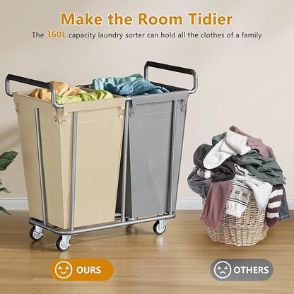 Gewudraw Large laundry hamper with Wheels, 2 Bag 360L Big Rolling Laundry Basket Sorter Cart, Extra Large Laundry Clothes Hamper, Heavy Duty Laundry Basket Organizer for Laundry Room,Bathroom