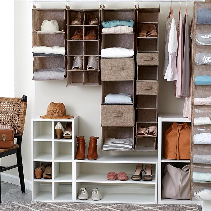 Household Essentials 6 Shelf Hanging Closet Organizer, Hanging Closet Shelf, Fabric Poly Linen and PEVA Shelving, Beige