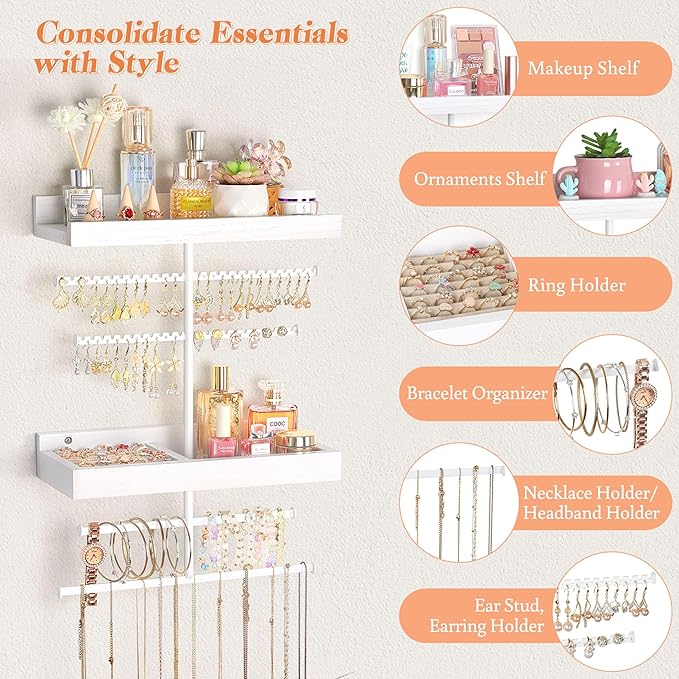 Keebofly Wall Mounted Jewelry Organizer with 2 Tired Shelves & Ring Holder- Jewelry Holder Wall Storage Display for Earrings, Necklace, Bracelet, Hair Accessories for girls in Bathroom Bedroom, White