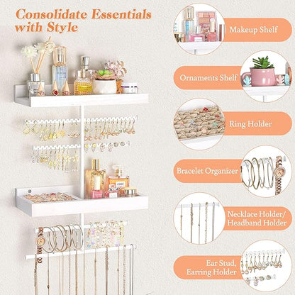 Keebofly Wall Mounted Jewelry Organizer with 2 Tired Shelves & Ring Holder- Jewelry Holder Wall Storage Display for Earrings, Necklace, Bracelet, Hair Accessories for girls in Bathroom Bedroom, White