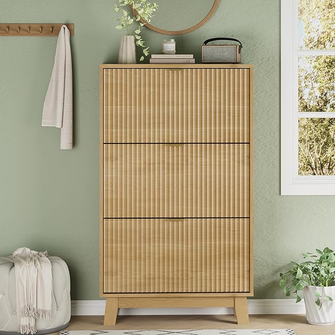 Xixini Shoe Cabinet with 3 Flip Drawers, 54" Tall Narrow Fluted Shoe Storage Organizer for Entryway, Hidden Slim Wooden Shoe Rack Cabinet for Front Door Entrance, Hallway, Living Room, Natural Oak