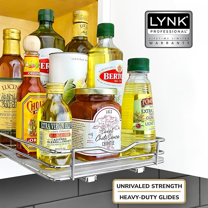 LYNK PROFESSIONAL® Pull Out Spice Organization for Cabinets - 8-3/8 inch Wide – Spice Rack for Inside Cabinets, Slide Out Spice Rack Organizer for cabinet – Pull Out Spice Rack, Sliding 1 Tier Chrome