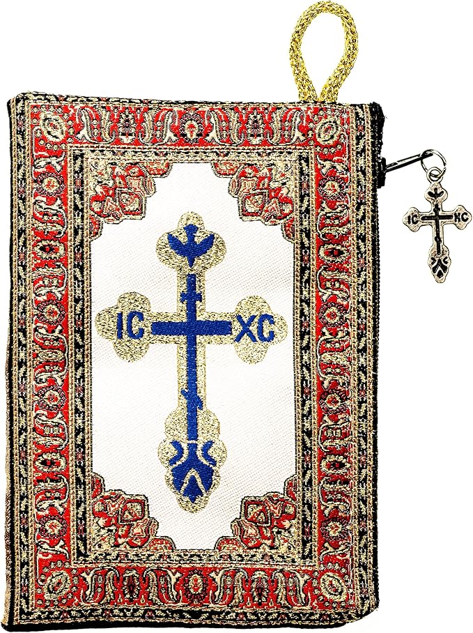 Intercession Hand-Woven, Lined Madonna and Child Rosary Pouch, Made in Turkey with Premium Metallic Thread (Red - Small)