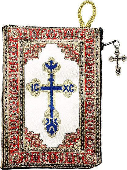 Intercession Hand-Woven, Lined Madonna and Child Rosary Pouch, Made in Turkey with Premium Metallic Thread (Red - Small)