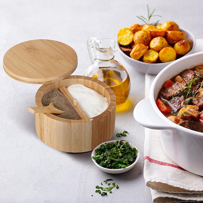 Relaxdays Salt Container with Lid & Spoon, 2 Compartments, Bamboo, Spice Container, H x D 6.5 x 12.5 cm, Magnetic Closure, Natural