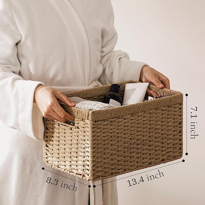 joybest Medium Wicker Baskets for Shelves, 13.4L x 8.3W x 7.1H inch Hand-woven Storage Baskets for Pantry Organizing, Foldable Rectangular Bin with Handles, 2-pack, Natural