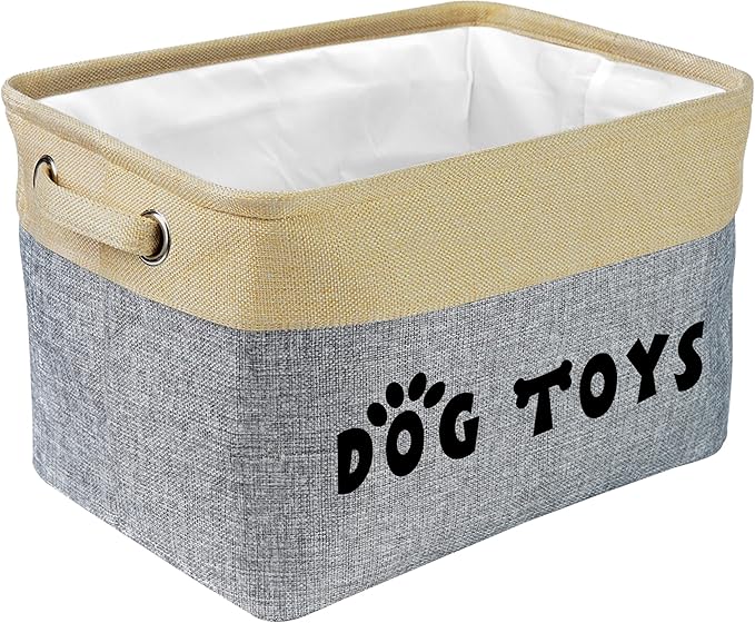PET ARTIST Dog Toy Basket, Collapsible Dog Toy Bin Box with Comfortable Handles, Large Pet Toy Storage Basket Organizer for Accessories, Toys,Coat & Clothing,Blanket Leash (Gray, M:15"x11"x9")
