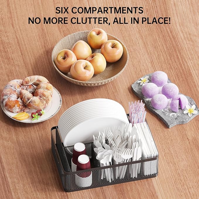 Paper Plate Organizer and Utensil Caddy for Countertop with Handle, 6-Compartment Paper Plate Holder and Silverware Tray for Cups, Forks, Spoons, Napkins - Ideal for Party, Camping, Picnic