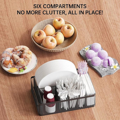 Paper Plate Organizer and Utensil Caddy for Countertop with Handle, 6-Compartment Paper Plate Holder and Silverware Tray for Cups, Forks, Spoons, Napkins - Ideal for Party, Camping, Picnic