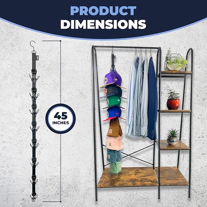 PackHatUSA The Original XL Hat Rack Hat Organizer for Baseball Caps, Fully Adjustable Hat Holder for 32 Hats & Beanies, XL Clips for Easy Storage & Organization on Closet Rods - U.S. Patent Pending