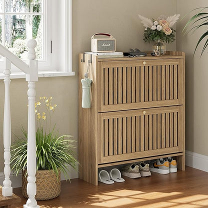 wanan 31.5" Modern Slatted Shoe Cabinet with 2 Flip Drawers, Adjustable & Removable Panels, Safety Guard Rail Top, Wide Shoe Storage Cabinet for Entryway (Light Oak)