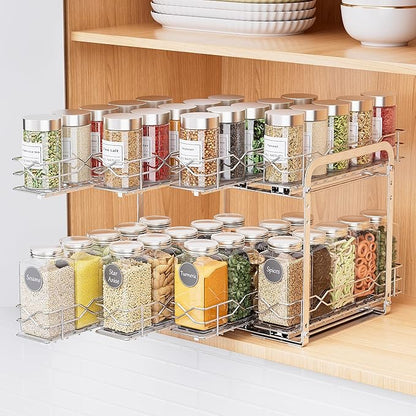 BOIVSHI Spice Rack Organizer, Heavy Duty Vertical Spice Rack Pull Out for Cabinet, 2 Tier Metal Spice Rack for Kitchen, Pantry, Easy to Install & Smooth Sliding, Chrome, 11”W x 10.5”D x 9.5”H