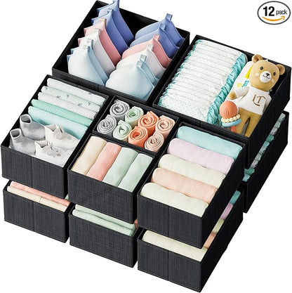 Drawer Organizer Clothes Set of 12 Black - Dresser Organizer For Nursery, Bedroom, Closet - The Perfect Baby Clothes Organizer and Storage & General Nursery Organization or Dresser Drawer Organizers