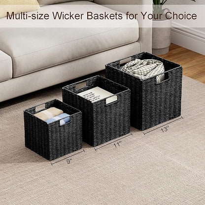 Vagusicc Wicker Basket, Set of 2 Woven Storage Baskets for Shelves, Foldable Cube Storage Basket Bins with Handles, 9 inch Small Storage Baskets for Organizing Pantry Bedroom, Black