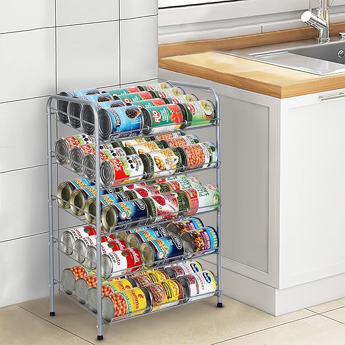 MOOACE Can Rack Organizer, 5 Tier Can Storage Dispenser Holds up to 60 Cans, Can Organizer, Great for The Pantry Shelf, Kitchen Cabinet or Counter-top, Cabinet, Canned Food Organizer, Silver