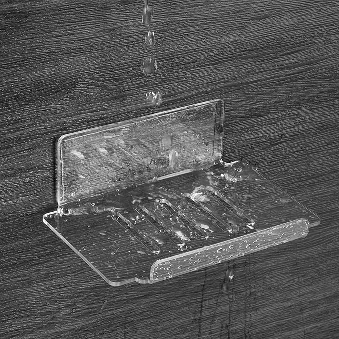 Self Adhesive Soap Dish Wall Mounted, 5 Slot Acrylic Soap Saver, Sponge Soap Holder for Shower Wall, Bathroom, Kitchen (Clear)