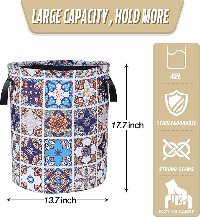 Mexican Tiles Pattern Laundry Basket Mandala Flowers Foldable Oxford Cloth Funny Tote Bag Laundry Hamper Clothes Storage Bucket Toy Organizer For Bathroom/Laundry Storage/Bedroom 17.7x13.7