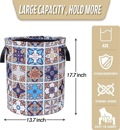 Mexican Tiles Pattern Laundry Basket Mandala Flowers Foldable Oxford Cloth Funny Tote Bag Laundry Hamper Clothes Storage Bucket Toy Organizer For Bathroom/Laundry Storage/Bedroom 17.7x13.7