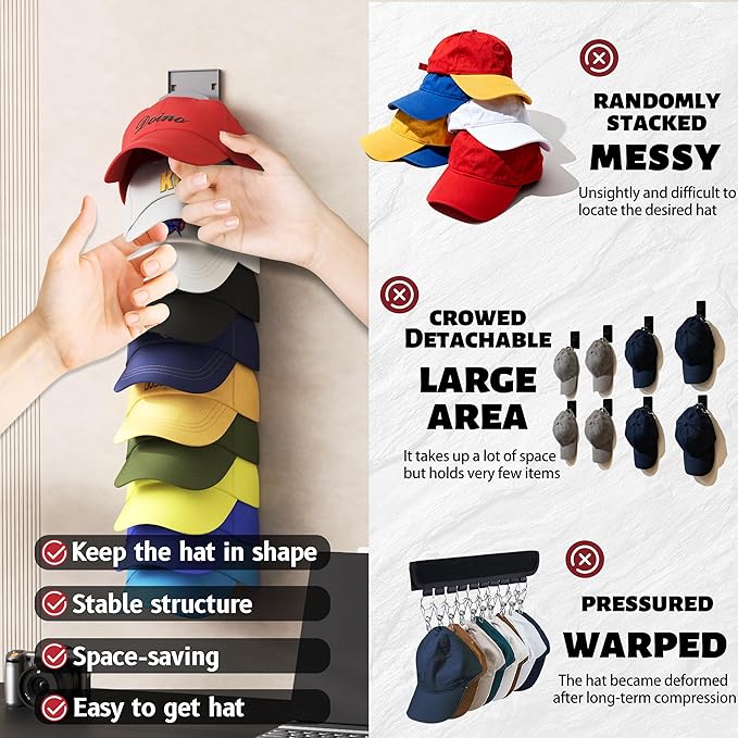 Hat Organizer Hold up to 20 Hats, 2 Pack Hat Rack for Wall with Strong Adhesive, Hat Organizer for Baseball Caps Display for Door Closet, Hat Hanger Holder Multilayer Two Mounting Option(White)