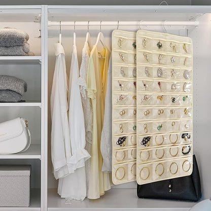 2 PACK(Total 160 Pockets) Hanging Jewelry Organizer with Hanger Metal Hooks Storage On Wall Door Closet Double-Sided(Each Side 40 Pockets) Jewelry Holder for Earrings, Necklaces, Rings (2 Pcs Beige)
