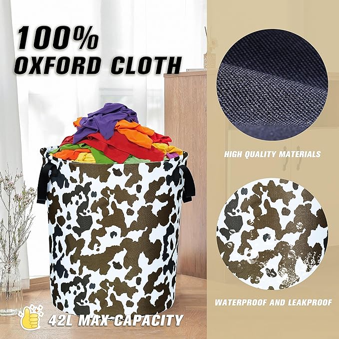 Cow Texture Laundry Basket Brown Black Print Foldable Oxford Cloth Funny Tote Bag Laundry Hamper Clothes Storage Bucket Organizer For Bathroom/Laundry Storage/Bedroom 17.7x13.7 Inch