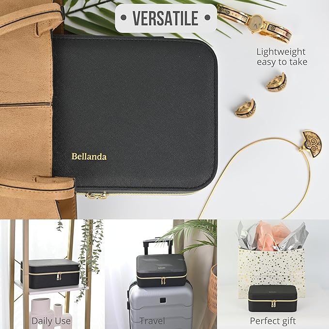 Travel Jewelry Organizer Case for Women Girls, Small Portable Jewelry Box with Compartments, Drawstring Pouch, Waterproof PU Leather Storage for Rings Earrings Necklace Bracelet, Mom Wife Gift – Black