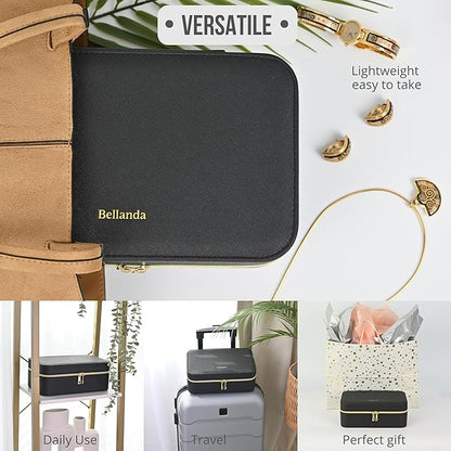 Travel Jewelry Organizer Case for Women Girls, Small Portable Jewelry Box with Compartments, Drawstring Pouch, Waterproof PU Leather Storage for Rings Earrings Necklace Bracelet, Mom Wife Gift – Black