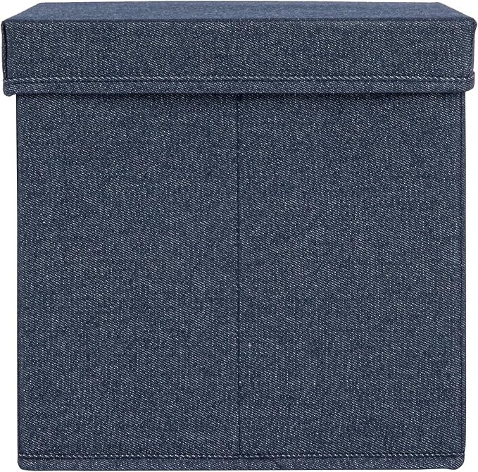 Household Essentials Collapsible Cotton Blend Cube Storage Box with Lid and Metal Grommet Handle, Set of 2, Denim